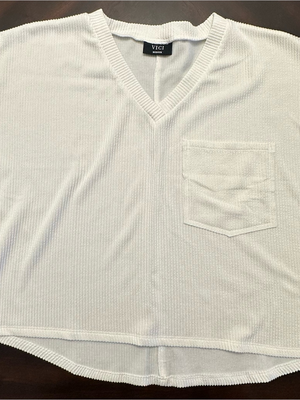 VICI Women’s White V-Neck Ribbed T-Shirt with Pocket
